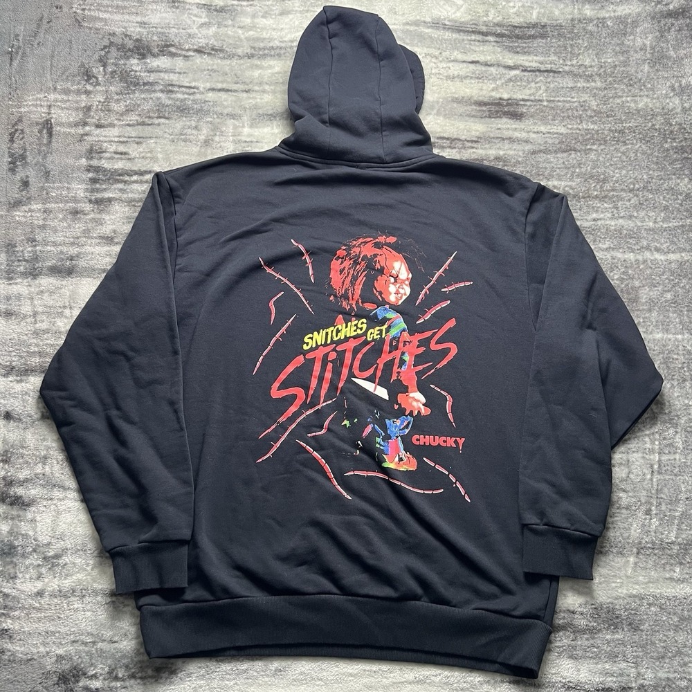 Chucky Child's Play Snitches Get Stitches Horror Movie Black Hoodie Men's XL
